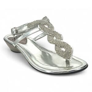 Love & Liberty 38 Metallic Silver Sapphire Embellished T-Strap Low Kitten Wedge
